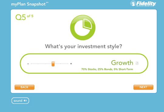 Fidelity: Quel est votre style d'investissement ? (l'utilisateur positionne le curseur sur la barre indiquant le niveau de sécurité des placements.)